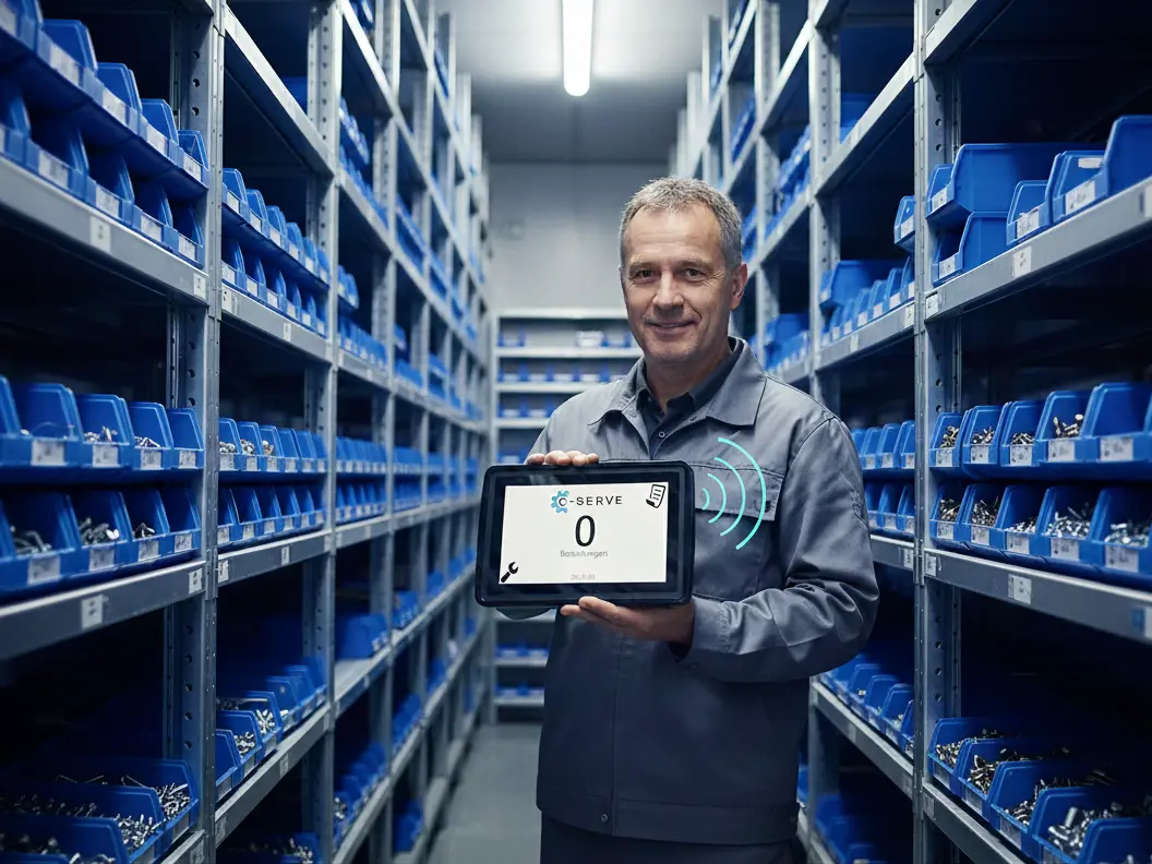 Mitarbeiter präsentiert das ComforTablet zur digitalen Bestandsführung in schmalen Lagergängen.