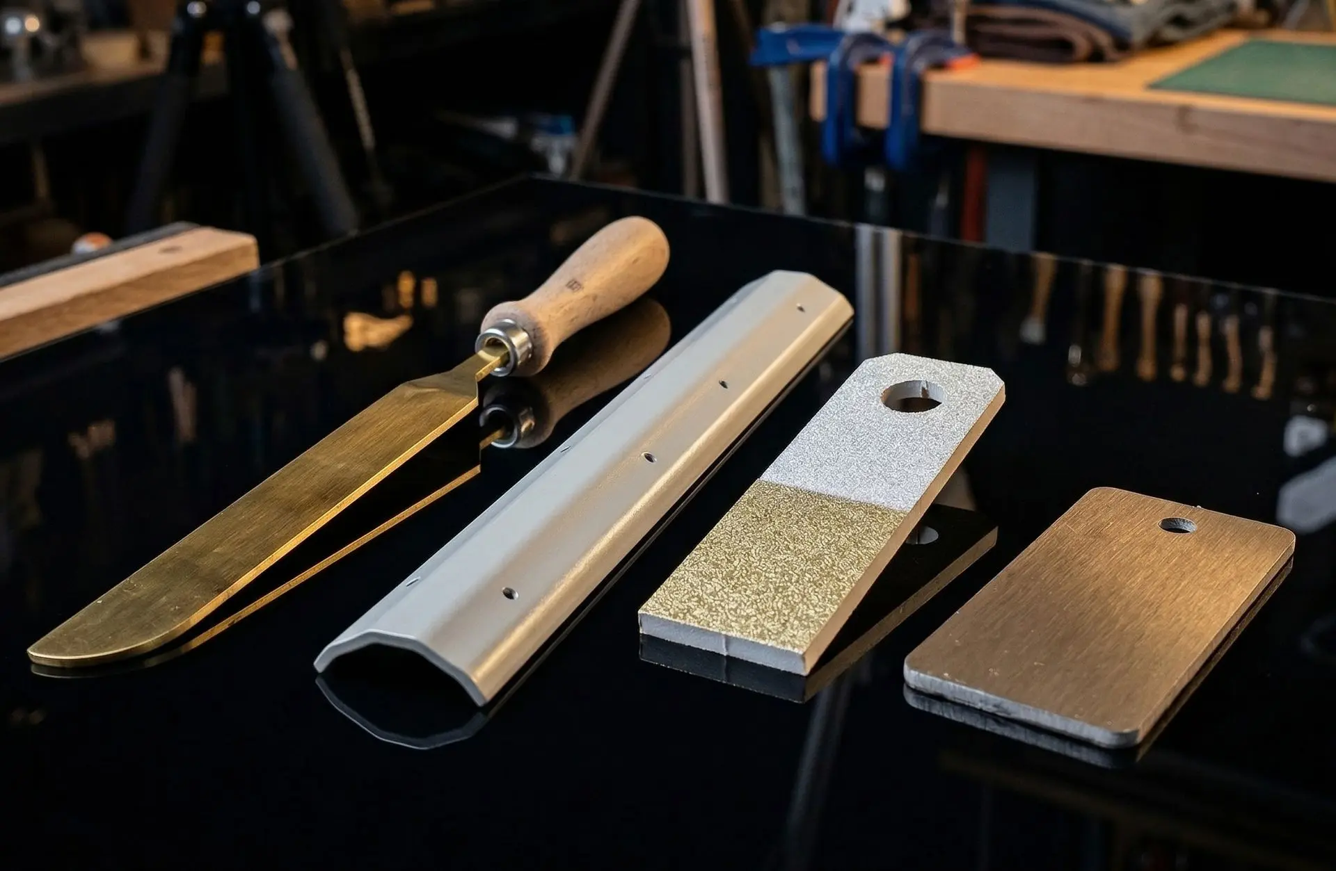 Lasergeschnittene Metallteile mit Oberflächenbeschichtung – Messingspachtel, Aluminiumprofil, pulverbeschichtete Platte und Bronzeblech nach Zeichnung | C-SERVE