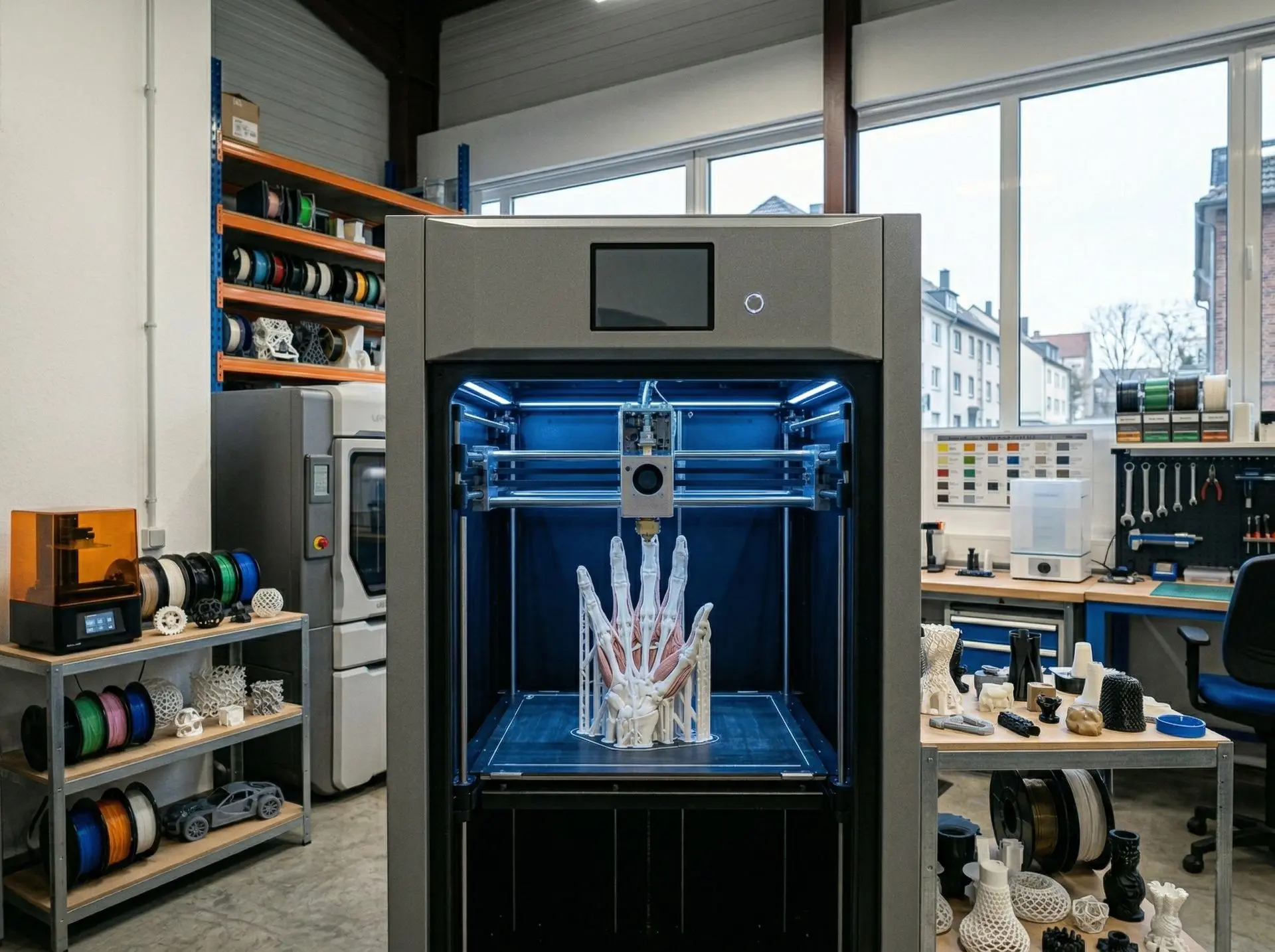 FDM-3D-Drucker mit blauer LED-Beleuchtung bei der Fertigung