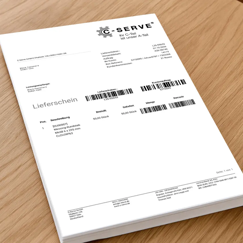 Lieferschein mit Barcodes und Kundenreferenzen von C-SERVE
