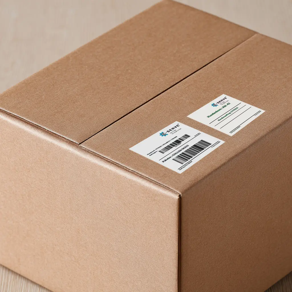 Umkarton mit Versandetikett und Barcode, gescannt mit Handscanner