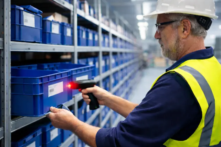 Entlastung Ihres Einkaufs durch Rackjobber-Service Mitarbeiter beim Scannen von Verbrauchsmaterialien im Regalservice für C-Teile.