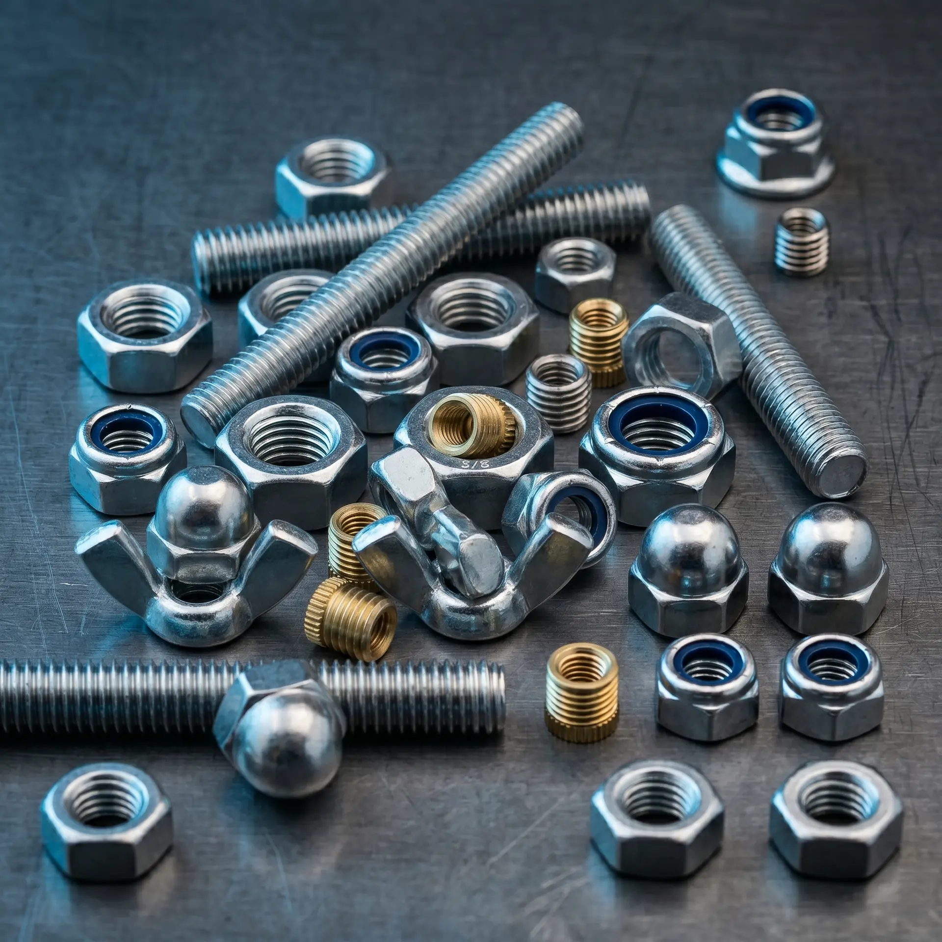 Industrielle Muttern, Gewindeeinsätze und Sicherungsmuttern Studio-Makroaufnahme einer ungeordneten, dynamischen Komposition aus glänzenden Stahlmuttern und Gewindeeinsätzen auf gebürstetem Metallhintergrund. Enthält Sechskantmuttern, selbstsichernde Stoppmuttern mit blauem Ring, Flügelmuttern, Hutmuttern, Messing-Gewindebuchsen und Gewindestangen, betont durch kühles blaues Seitenlicht.
