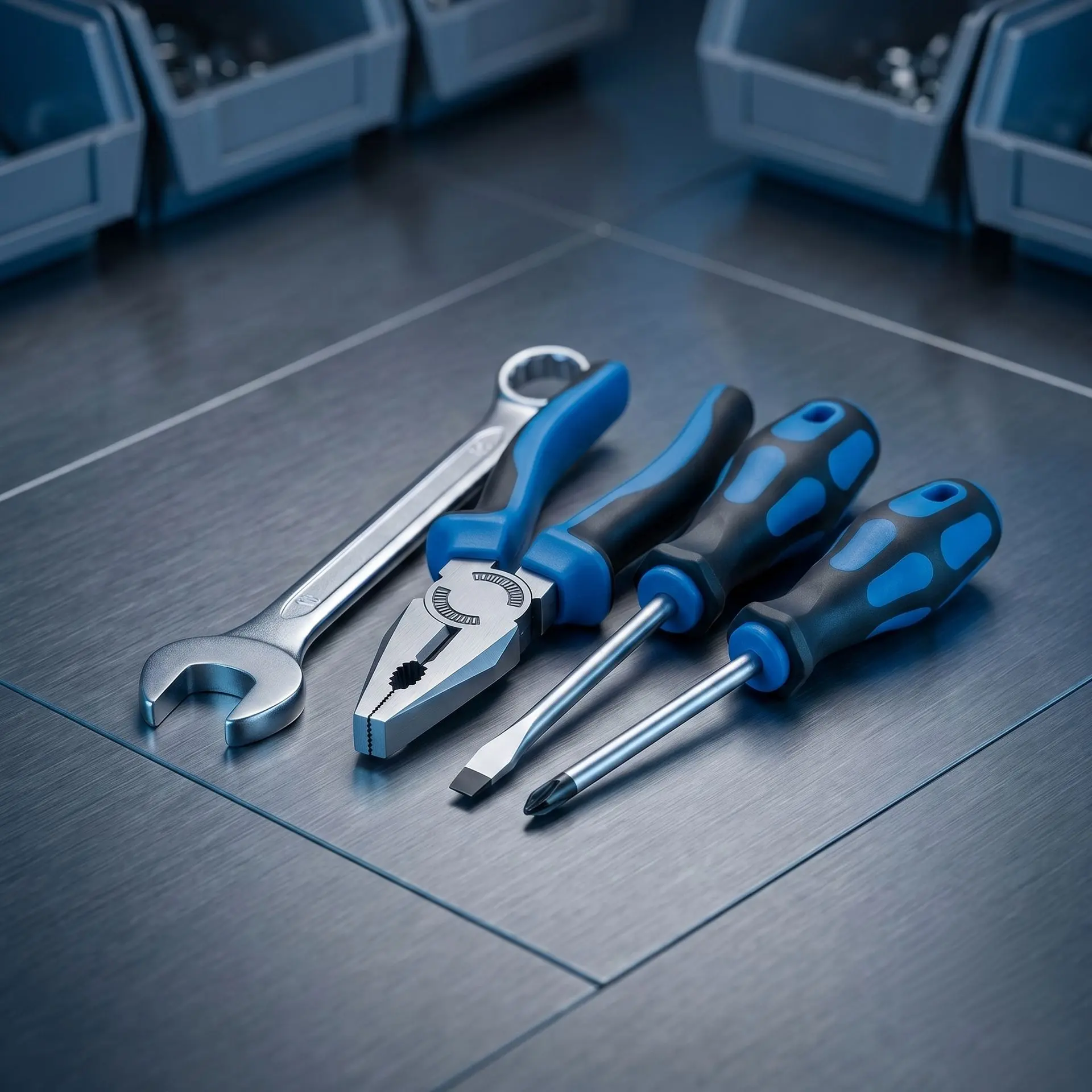 C-SERVE Profiset Handwerkzeuge B2B Professionelles Handwerkzeug-Set для промышленного использования: Schraubendreher, Zangen и Gabelschlüssel на металлической поверхности. Качественные товары от C-SERVE.