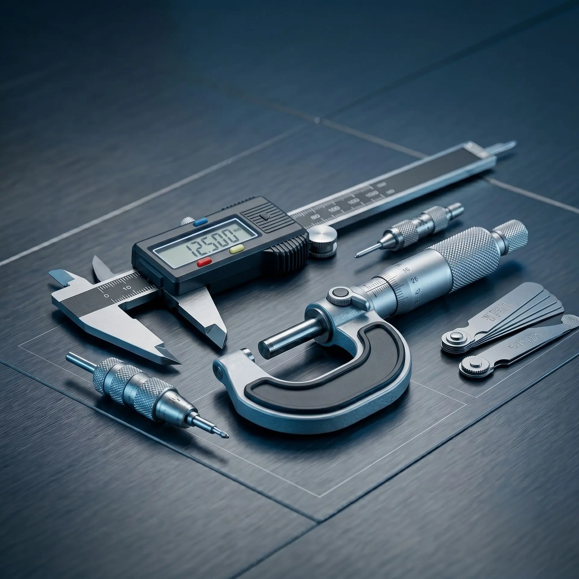 C-SERVE Präzise Mess- & Prüftechnik für Industrie & Werkstatt B2B Präzise Messwerkzeuge für die Industrie: Ein digitaler Messschieber mit LCD-Anzeige und eine Bügelmessschraube (Mikrometer) auf einer dunklen technischen Oberfläche.