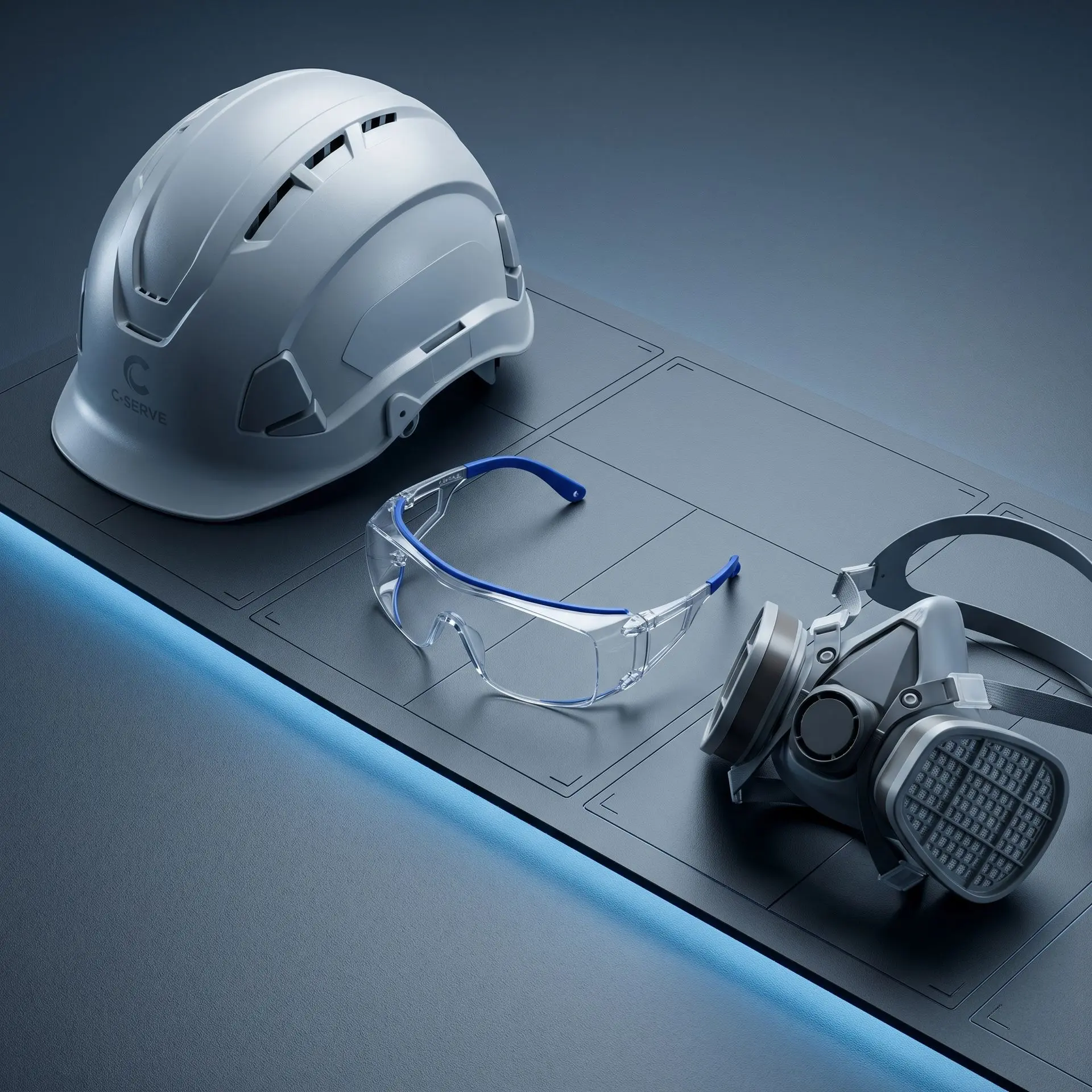 C-SERVE Zertifizierter Kopfschutz, Augenschutz & PSA für Unternehmen B2B Professioneller Arbeitsschutz für Industrie und Handwerk: Ein grauer Sicherheitshelm mit C-SERVE Markierung, eine ergonomische Schutzbrille und eine Atemschutzmaske auf einer dunklen Oberfläche.