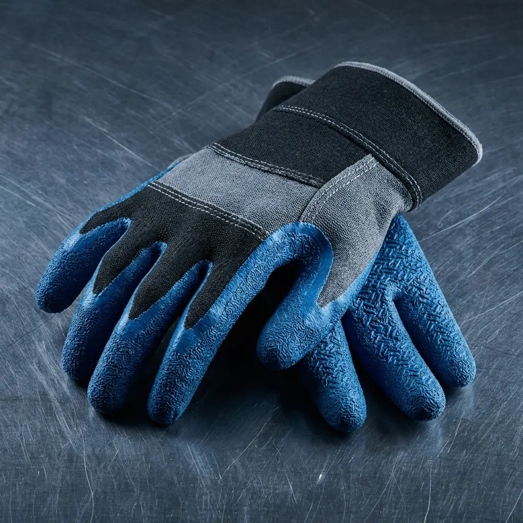 C-SERVE Professioneller Handschutz & Montagehandschuhe für Industrie B2B Ein Paar robuste industrielle Arbeitshandschuhe mit blauer Nitril-Beschichtung und verstärktem Grip-Profil auf einer anthrazitfarbenen technischen Oberfläche.