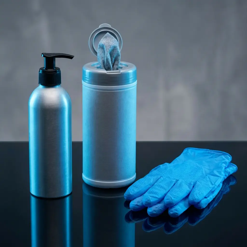 C-SERVE Systematischer Hautschutz, Industriehygiene & Reinigungsmittel B2B Industrielle Hygieneprodukte: Handreiniger im Spender, Hochleistungs-Reinigungstücher und blaue Nitrilhandschuhe auf einer sauberen Oberfläche.