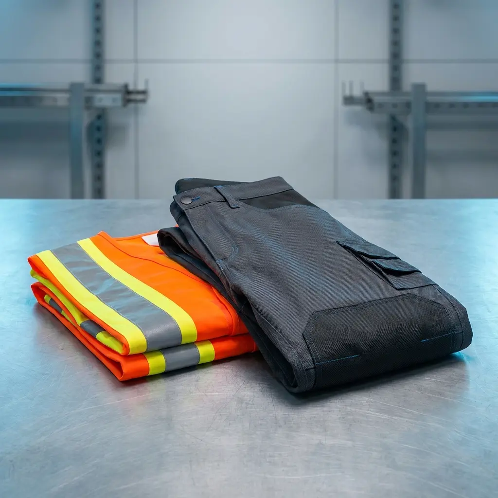 C-SERVE Hochwertige Arbeitsbekleidung & Warnschutz für Industrie B2B Professionelle Arbeits- und Schutzbekleidung: Eine Warnschutzweste mit Reflektoren und eine robuste Arbeitshose auf dunklem technischem Hintergrund.
