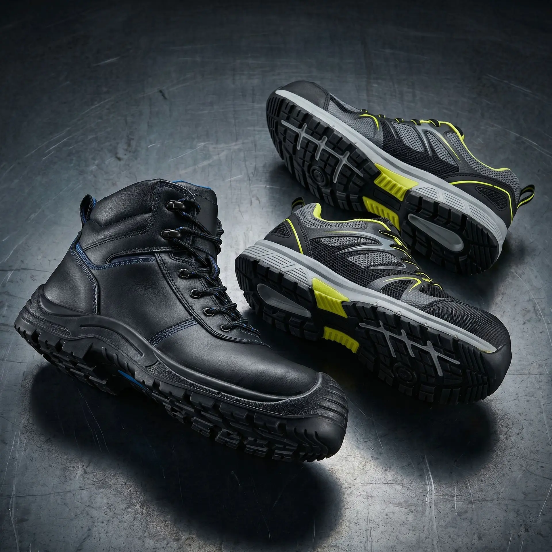C-SERVE S3 Sicherheitsschuhe & Fußschutz für Industrie B2B Schwarze S3 Sicherheitsschuhe mit rutschfester Sohle und blauen Akzenten auf einer metallischen Oberfläche.