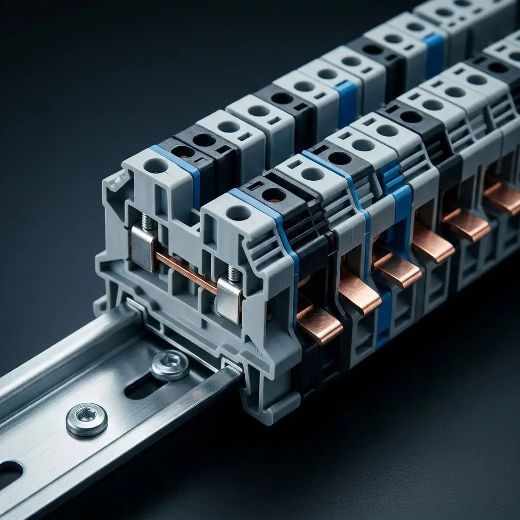 C-SERVE Industrielle Verbindungstechnik und Klemmen B2B Moderne Reihenklemmen und Steckverbinder für den Schaltschrankbau auf einer metallischen Hutschiene.