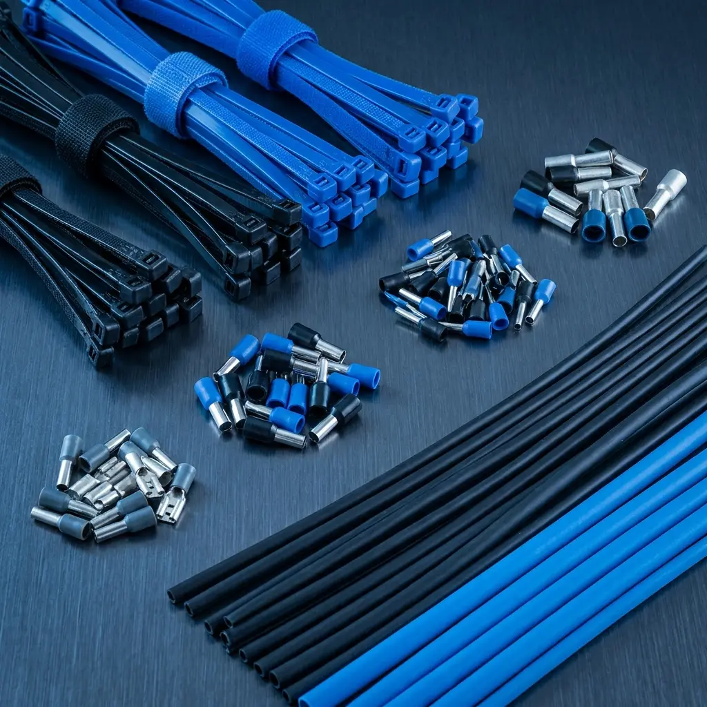 C-SERVE Kabelzubehör & Kabelbinder für Industrie B2B Professionelles Kabelzubehör: Sortierte Kabelbinder, Aderendhülsen und Schrumpfschläuche ordentlich angeordnet auf einer dunklen Metalloberfläche für das ComforBox-System.
