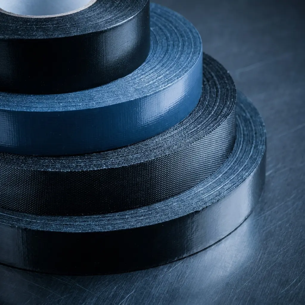 C-SERVE Professionelle Isolierbänder & Gewebebänder B2B Hochwertige industrielle Isolierbänder und Gewebebänder in Schwarz und Blau auf einem dunklen Werkstattboden.
