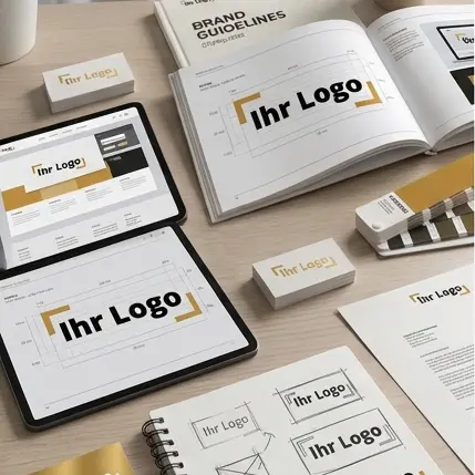Logo- & Corporate Design – Styleguides und Markenentwicklung Brand Guidelines Buch und digitale Logo-Entwürfe auf Tablet für B2B Corporate Design