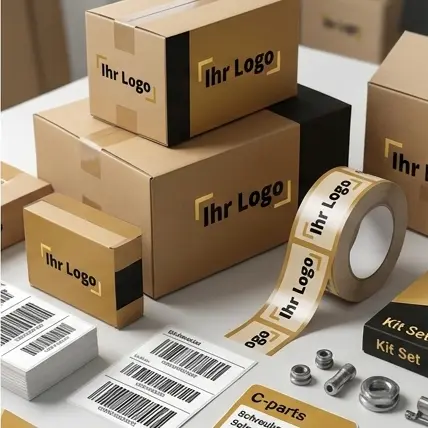 Verpackungs- & Etikettendesign – Labels und Umverpackungen Bedruckte Kartonagen, Paketklebeband mit Logo und Barcode-Labels für C-Teile