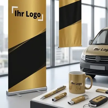 Werbeartikel & Werbetechnik – Roll-ups, Banner und Giveaways Messe-Rollup-Banner und bedruckte Werbegeschenke wie Kugelschreiber und Tassen